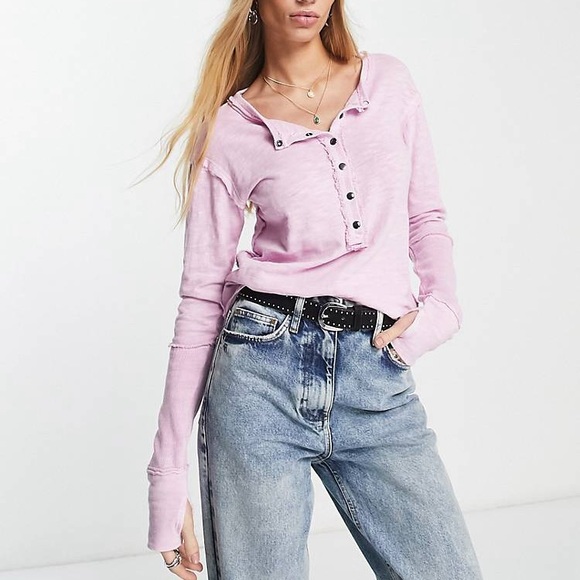 We The Free Tops - Free People Henley Top Phoebe Medium Pink Thumb Holes Knit